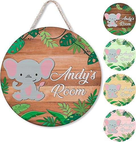 Vista 43 de Hyturtle Letrero personalizado de elefante, letrero personalizado de bosque, nombre del niño, letrero de puerta de niños, decoración de pared
