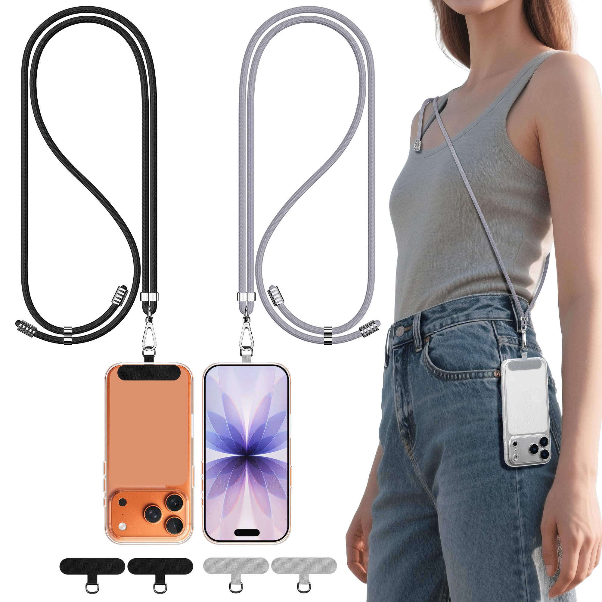 DESELL 2 Stück Handyband Zum Umhängen,Nylon handykette universal zum Umhängen kompatibel mit Alle Smartphones,Verstellbar Handy Umhängeband, und 2 Stück Handy Bänd Patch