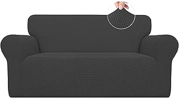Easy-Going Stretch Loveseat Slipcover 1-Piece Sofa Cover Furniture Protector Couch Soft with Elastic Bottom for Kids Polyester Spandex Jacquard Fabric Small Checks (Loveseat, Dark Gray)