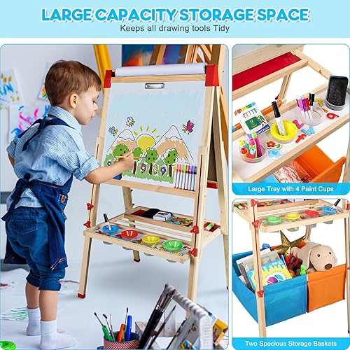 Miniatura 5 de RenFox Caballete para niños, caballete de arte ajustable para niños, más de 140 accesorios, pizarra magnética de borrado en seco de doble cara y