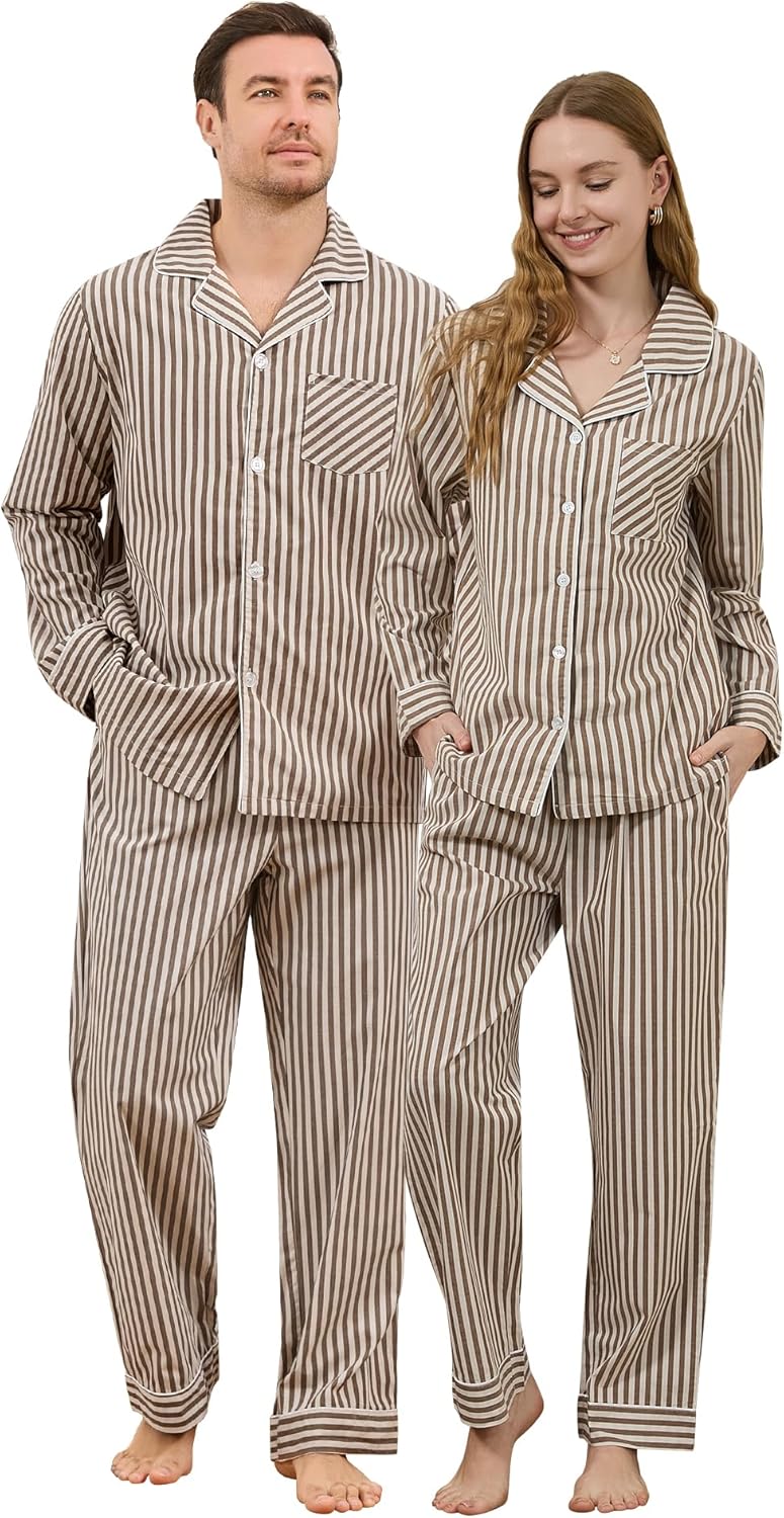 U2SKIIN Couple Pajama Sets, Soft Cotton Button-Down Striped Pajamas for Men and Women Long Sleeve Sleepwear with Pockets