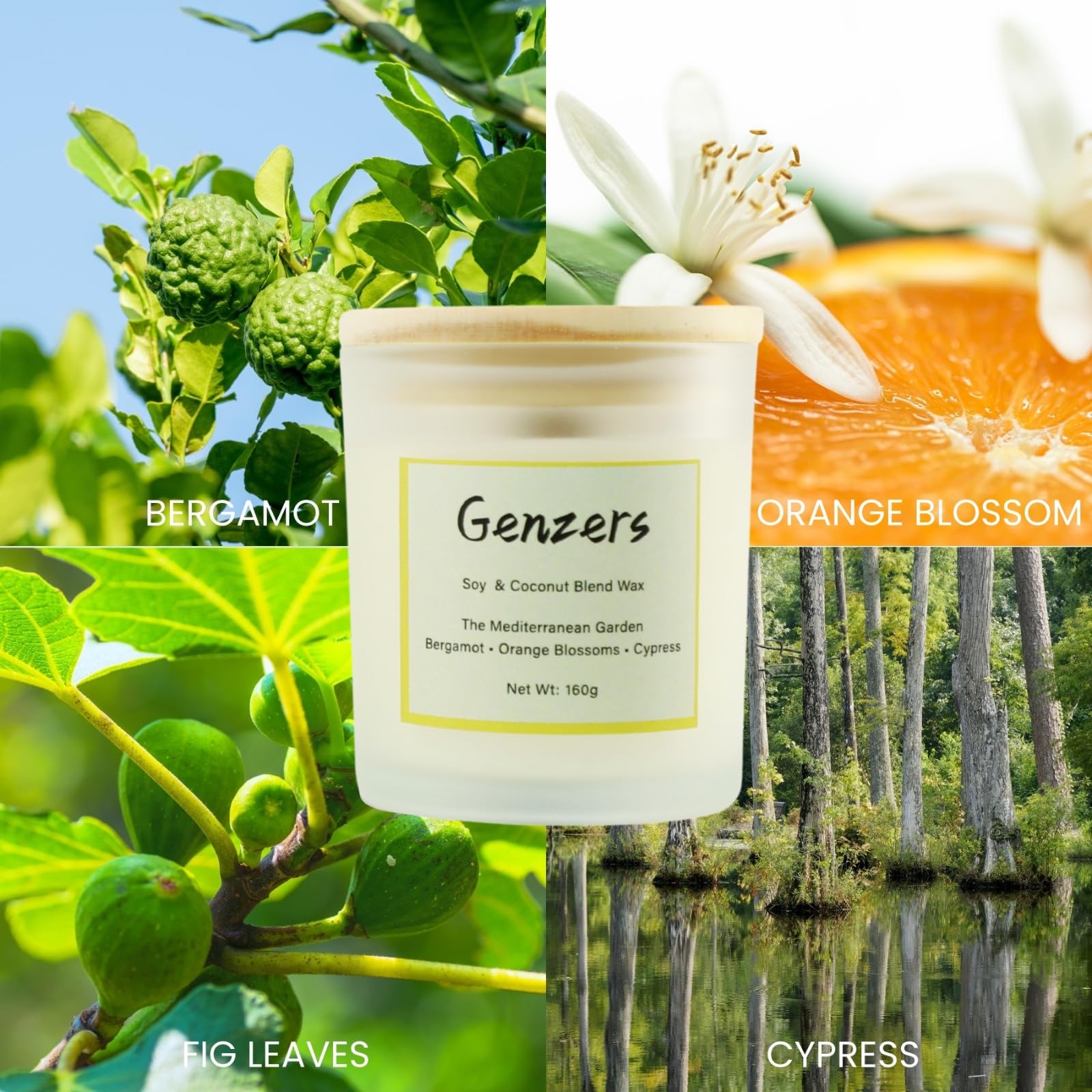 Vela perfumada de bergamota y flor de azahar, vela aromática para el hogar, vela de aromaterapia, hoja de higuera, tarro de soja y coco con mechas de madera, juego de regalo para mujeres, vela de