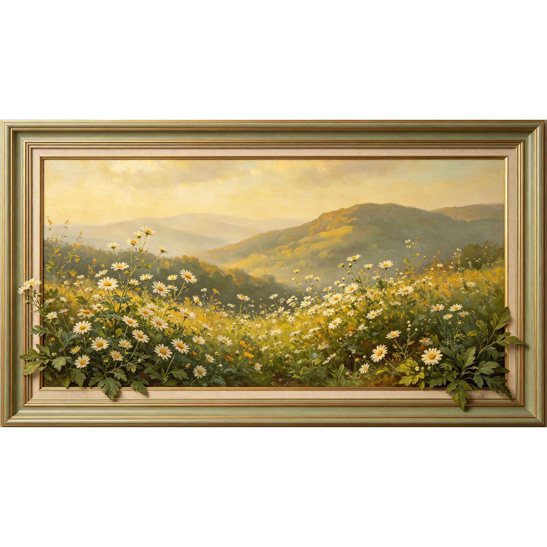 QZLITHOTIC 50x90cm3D Framed Wall Art， Botanical Daisy Meadow Landscape Self‑Adhesive Mural， Water‑Activated Peel & Stick Fabric Decor Wall Decal for Bedroom Living Room