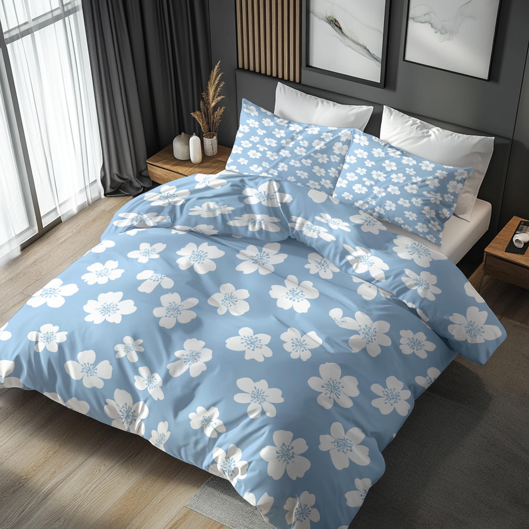 Generisch Bettwäsche 155x220 Blumen Blau Motiv, Schlafzimmer Deko Wendebettwäsche 2tlg, Shabby Chic Blumenmuster Bettbezug & 1 Kissenbezug 80x80, Weiche Mikrofaser, mit Reißverschluss -l494