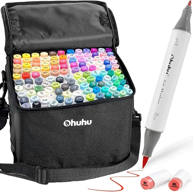 Alcohol Brush Markers 120 Colours, Ohuhu Double Tipped (Brush & Fine Tip) Sketch Markers for Artist Art Markers for Adult Coloring and Illustration, Bonus 1 Blender