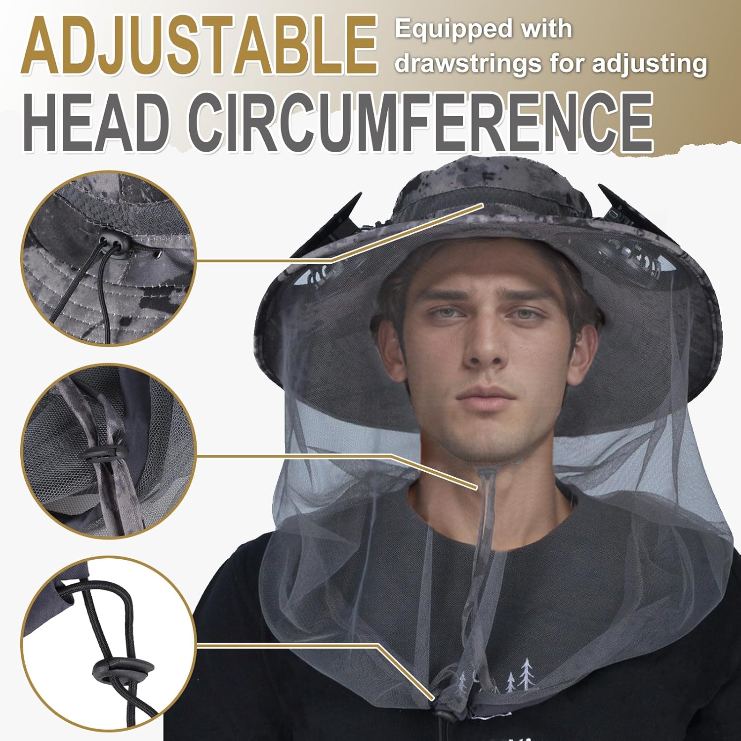 ayamaya Mosquito Net Hat with Fan Built-in, Wide Brim Solar Fan Hat with Netting, 3 Speeds Adjustable for Men Women Outdoor
