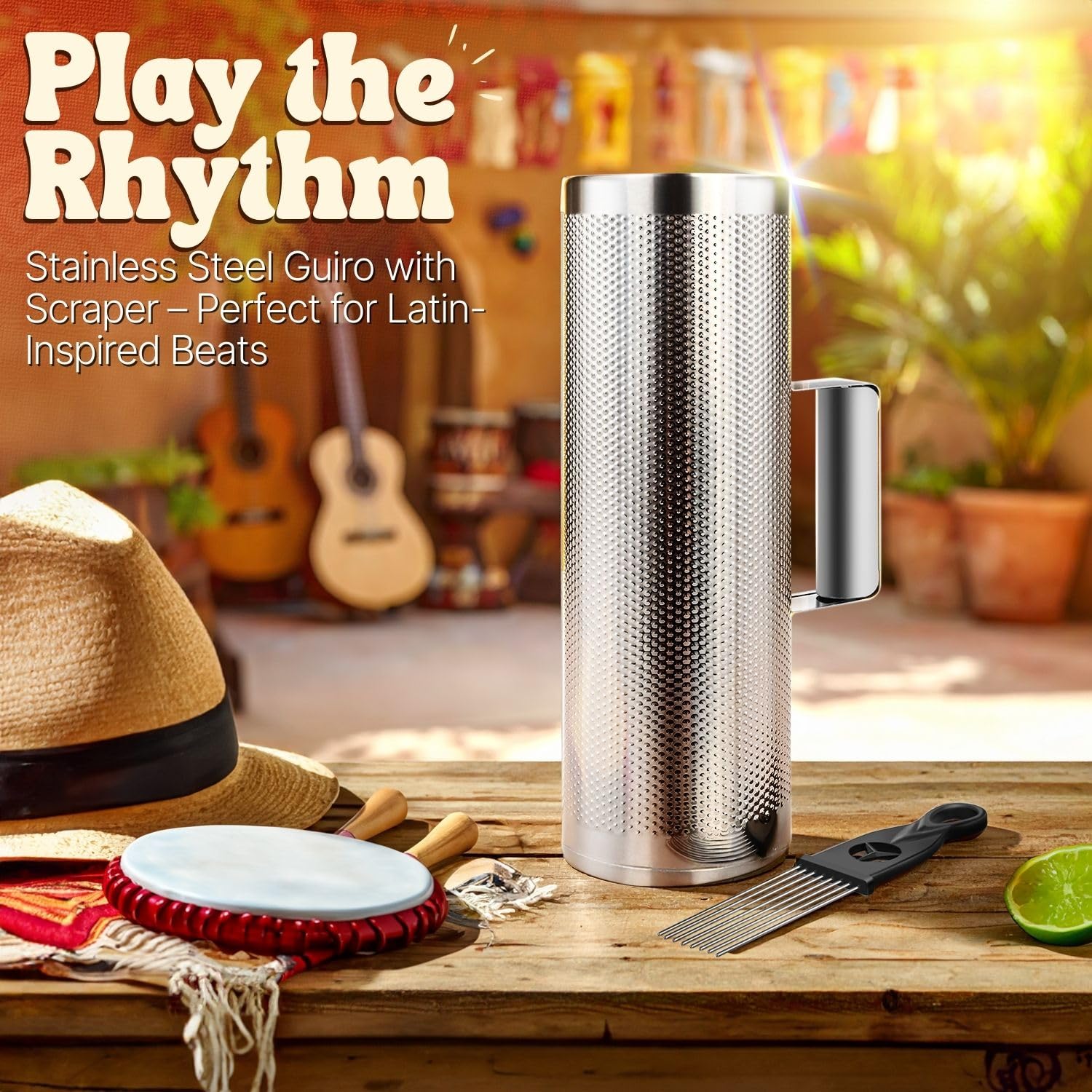 Flexzion Guiro in metallo con raschietto Shack 10,2 x 30,5 cm, cilindro rotondo in acciaio inox, strumento a percussione latina con manico, strumento musicale per jazz, concerti, spettacoli dal vivo