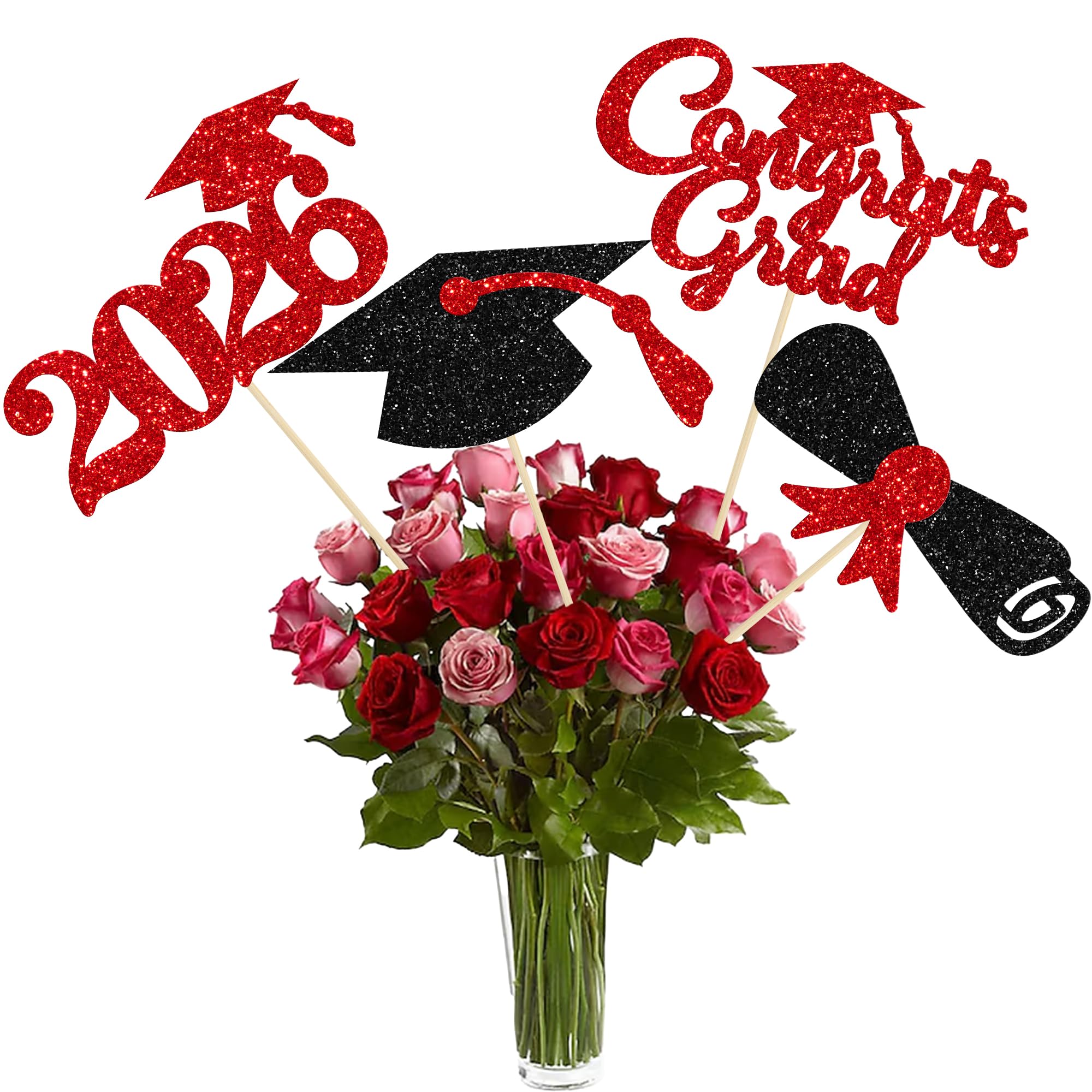 Gyufise 12Pcs 2026 Graduation Centerpiece Sticks Class of 2026 Congrats Grad Diploma Graduation Cap Table Flower Centerpiece Sticks for 2026 Theme Party Supplies Red — image 1
