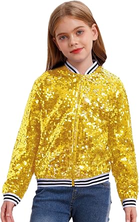 Kids Girls Sequined Metallic Jazz Hip Hop Dance Bomber Jacket Long Sleeve Outerwear Top Performance