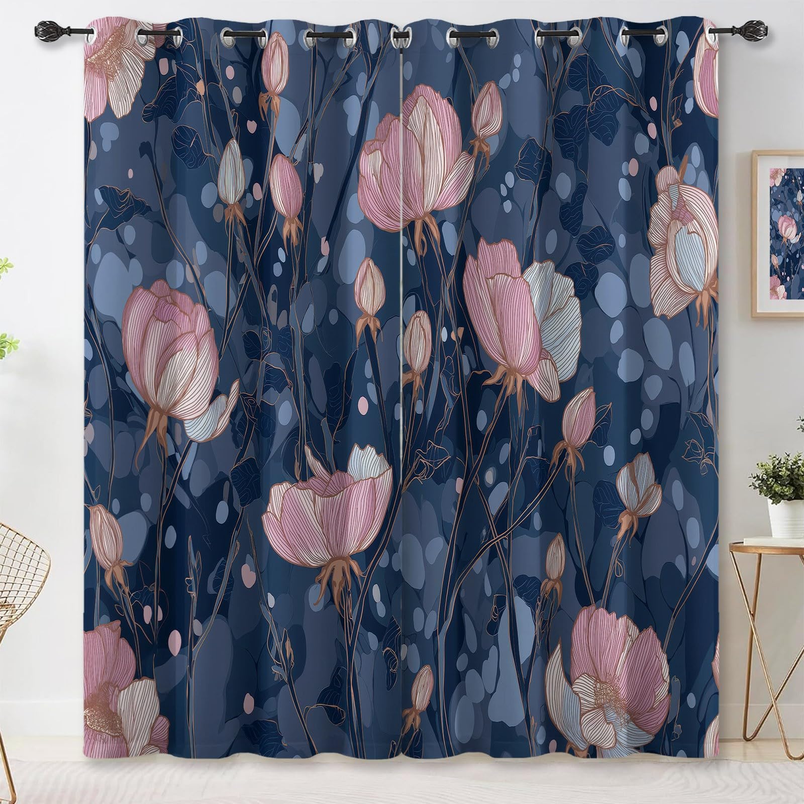 Rideaux opaques imprimés bleu et rose grand format 106.5 x 254 cm
