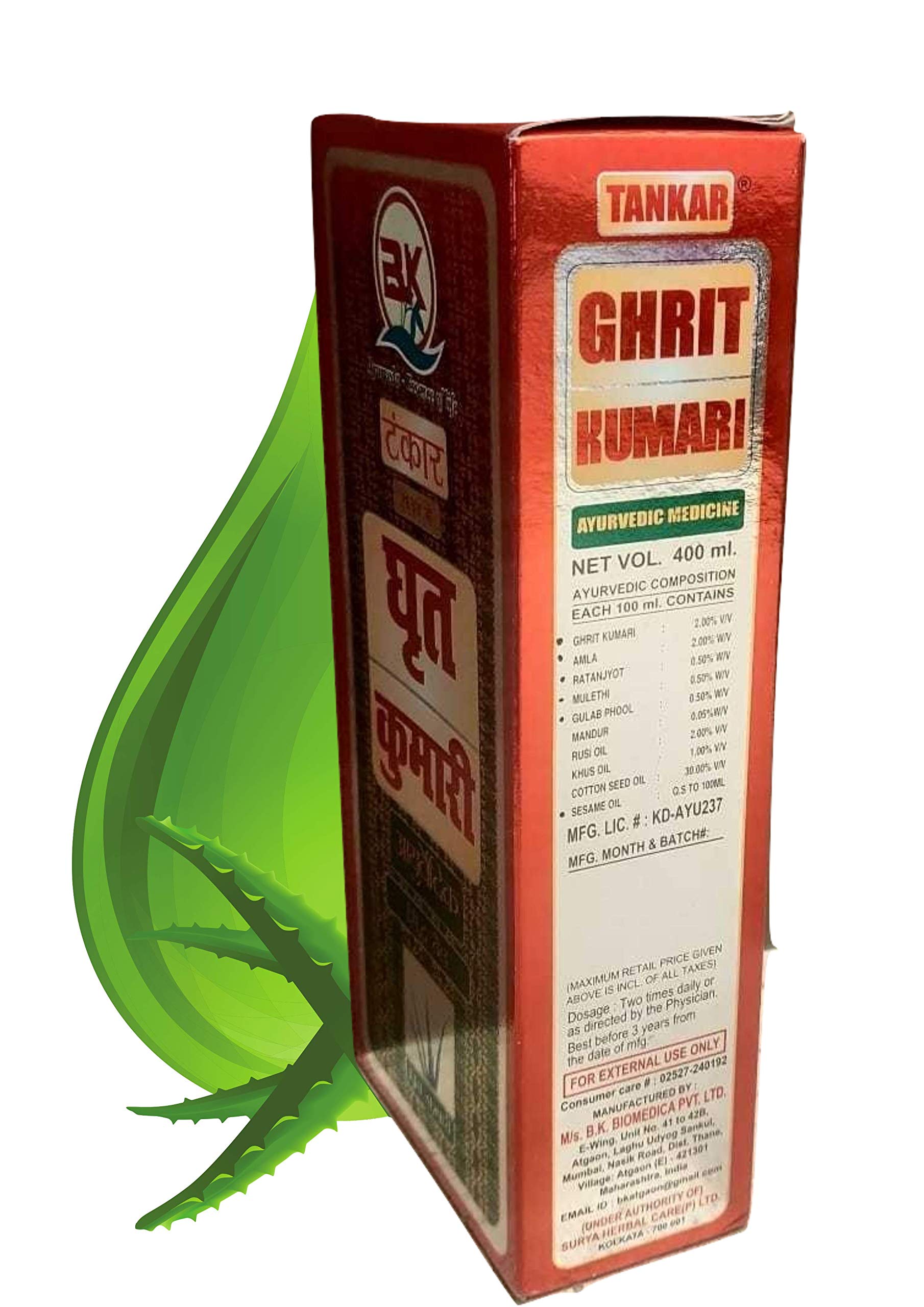 Tankar Ghrit Kumari Ayurvedic Hair Oil For Hair Growth, 400ml (Pack of 1) | Dandruff Control, Hair fall Control, Scalp Health, Stress Relief and Relaxation, Chemical Free Hair Oil