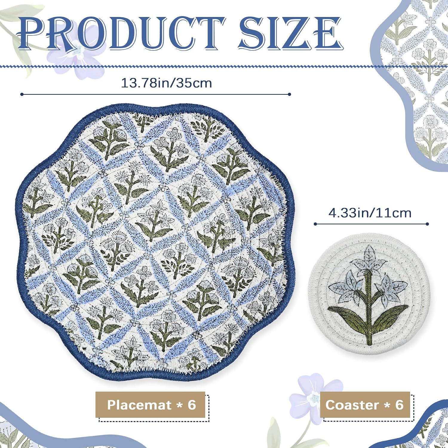 Set of 6 Spring Round Braided Placemats with Coasters 12" Blue Floral Cotton Rope Woven Placemats Washable Scalloped Embroidery Table Mat for 7-10 Inch Plates for Wedding Bridal Shower Party Decor