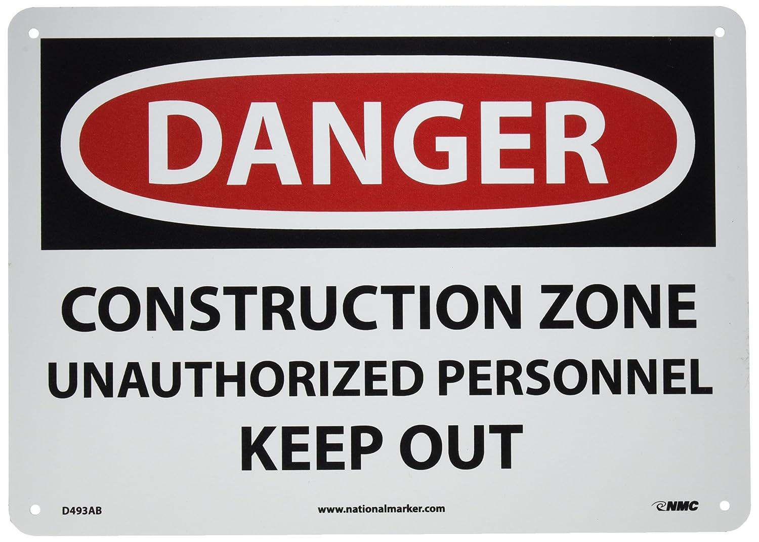 NMC D493AB OSHA Sign, Legend "DANGER - CONSTRUCTION ZONE UNAUTHORIZED PERSONNEL KEEP OUT", 14" Length x 10" Height, Aluminum, Black on White