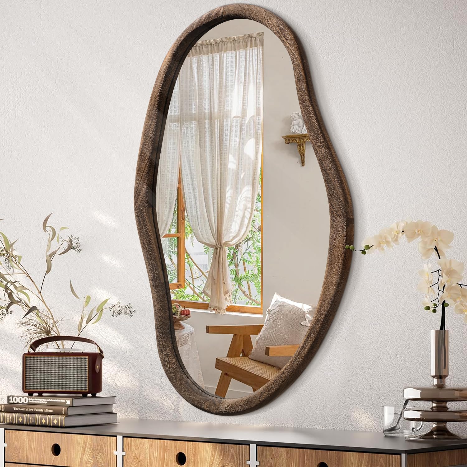 JJUUYOU Asymmetrical Mirrors Irregular Bathroom Wall Mirror 75x45cm Large Wooden Frame Modern Decorative Hanging Mirror for Makeup Bathroom Living Room Brown