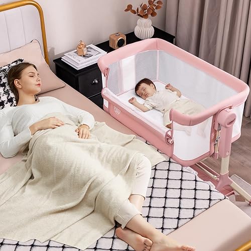 Miniatura 2 de BABY JOY Cuna mecedora 3 en 1 con cesta de almacenamiento, ruedas universales, altura ajustable, colchón, red y bolsa portátil, cuna transportable,