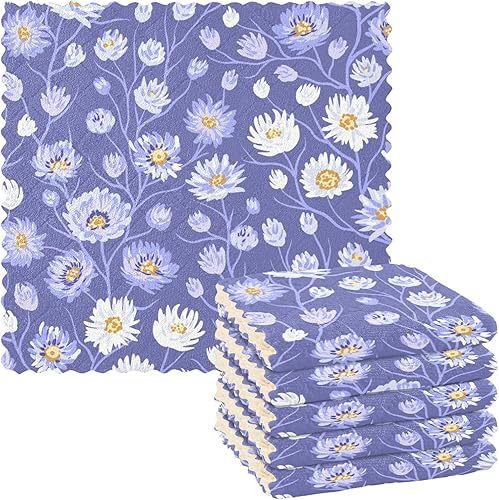 Toallas de algodón escandinavo con estampado de flores moradas para secar platos, secado rápido, paquete de 6 paños de cocina para fregadero de