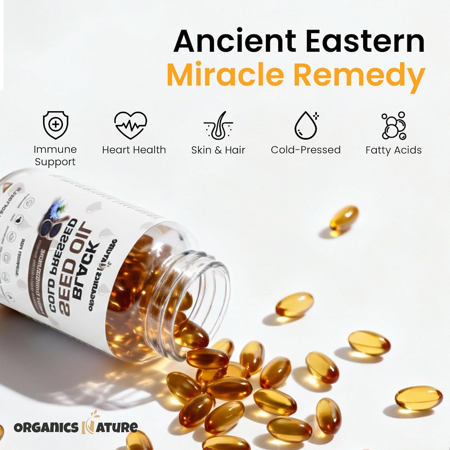 ORGANICS NATURE Black Seed Oil Capsules – 60 Cold Pressed Softgels - Immunity Support, Black Cumin Seed Oil, High Thymoquinone, Non-GMO & Vegan, Nigella Sativa, Omega 3 6 9, 1000MG Per Serving