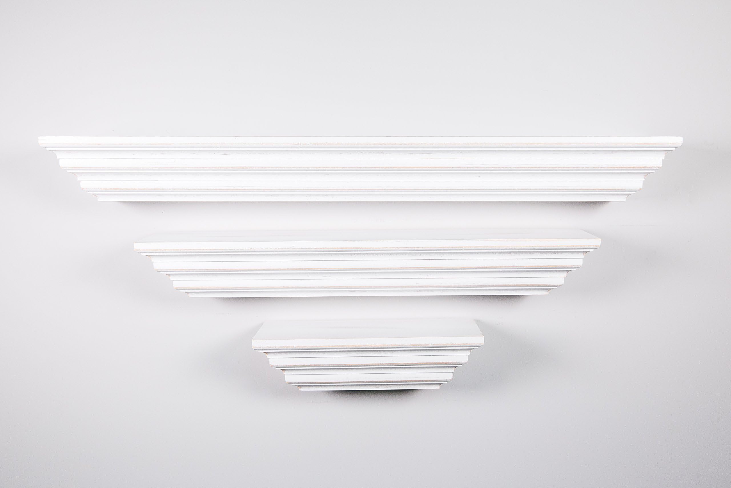 White Distressed Layered Wood Shelf Set (3” Deep) – Lengths 8”, 16” & 22”