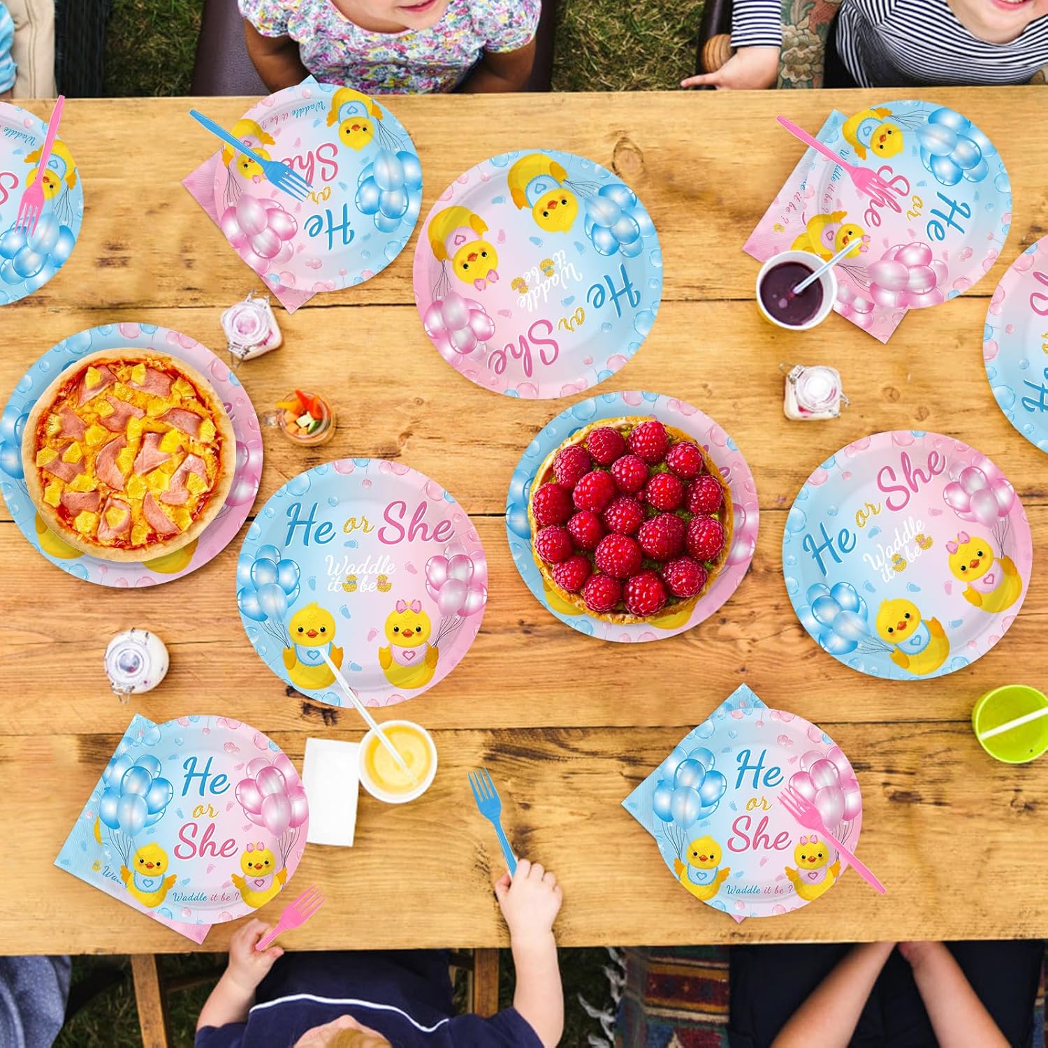 96Pcs Duck Gender Reveal Party Decorations Duck Baby Shower Plates and Napkins Tableware Sets for Boys or Girls He Or She Ducks Baby Shower Gender Reveal Party Supplies Serves 24