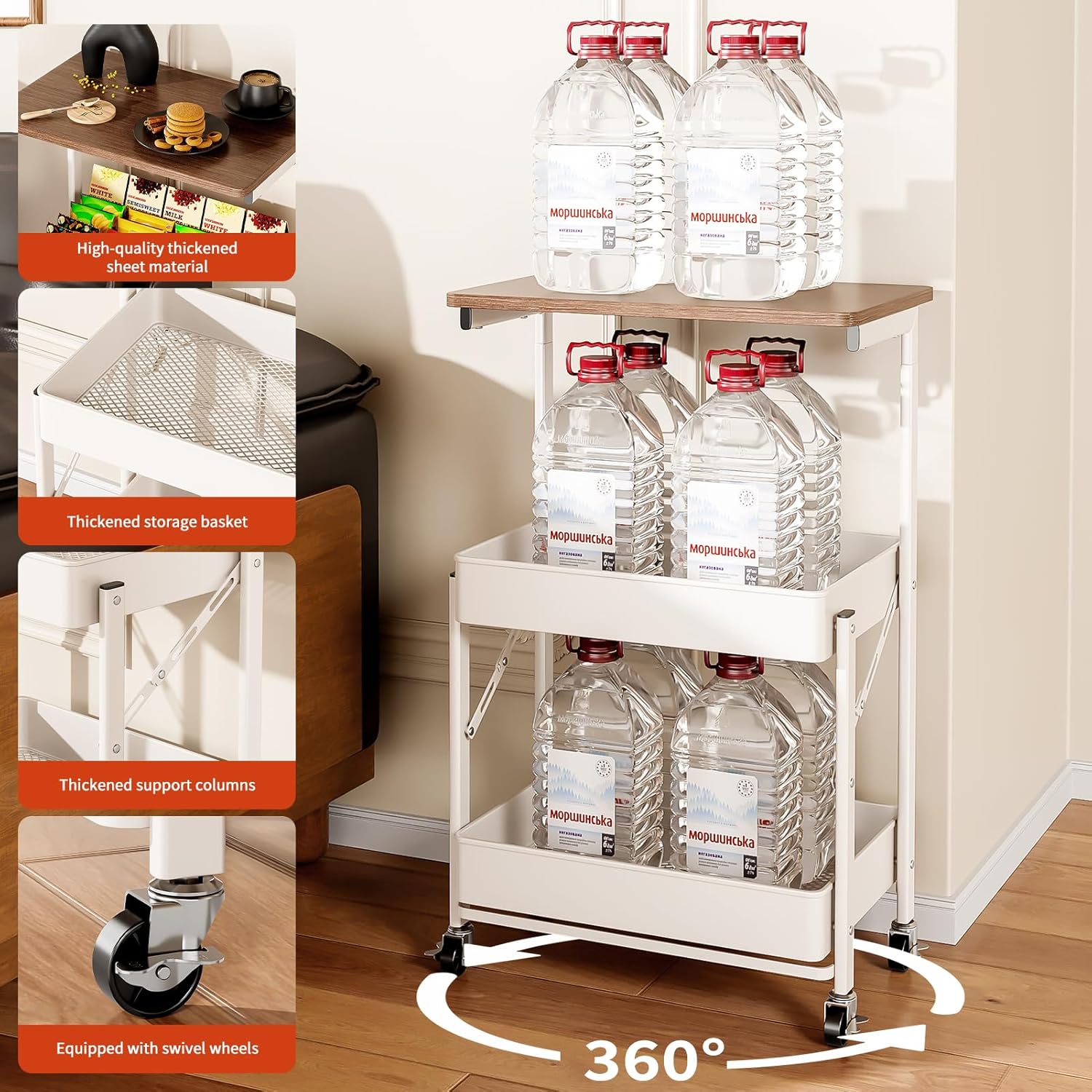 3-Tier Folding Rolling Cart with Lockable Wheels, Portable Storage Cart Organizer, Premium Wood Top & Carbon Steel Basket, Sturdy Multifunctional Utility Cart for Kitchen, Living Room, White