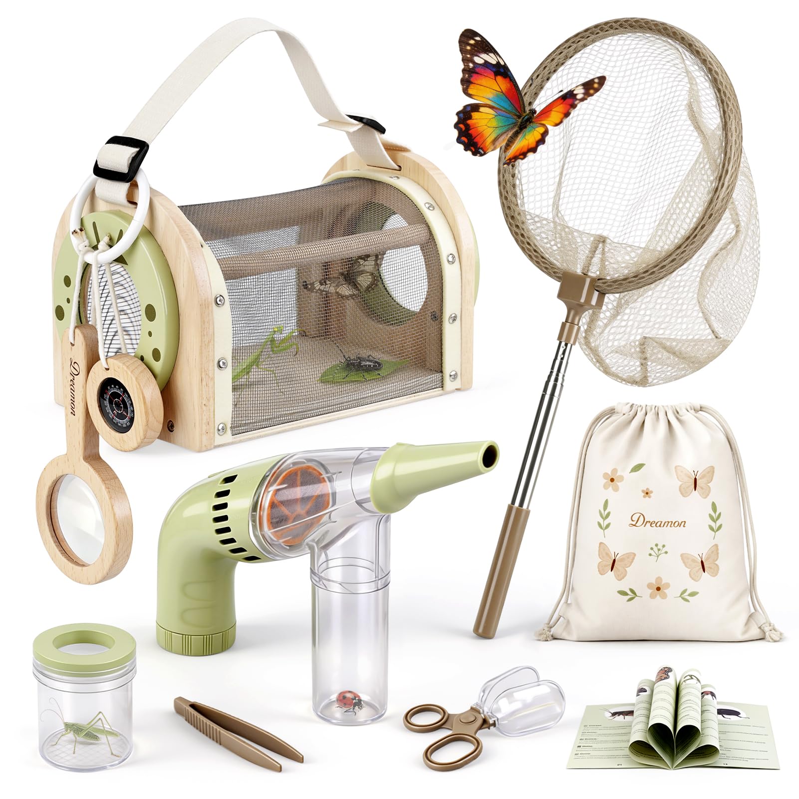 Dreamon Bug Hunting Kits for Children Explorer Costume Kids with Wooden Bug Cage, Bug Vacuum, Butterfly Net, Storage Bag