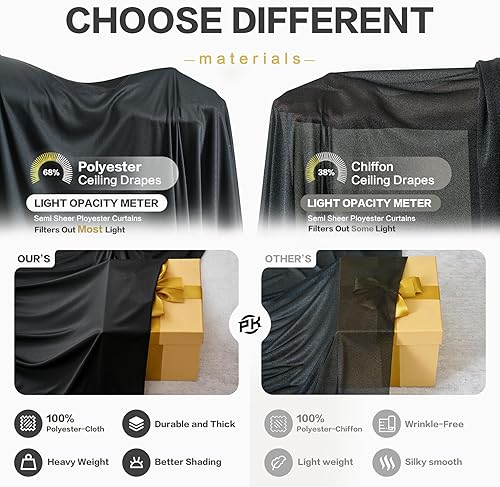 Miniatura 7 de PartyVillage - Cortina de techo negra de 10 x 40 pies para bodas, 2 paneles sin arrugas, 40 pies de largo, cortinas drapeadas para bodas, cumpleaños