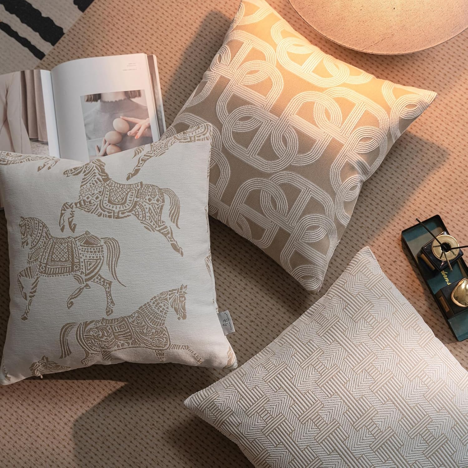 Croker Horse 20x20 inches Throw Pillow Cushion Cover - White Horse Chenille Jacquard Embroidery Couch Sofa Pillow Covers for Living Room Bedroom