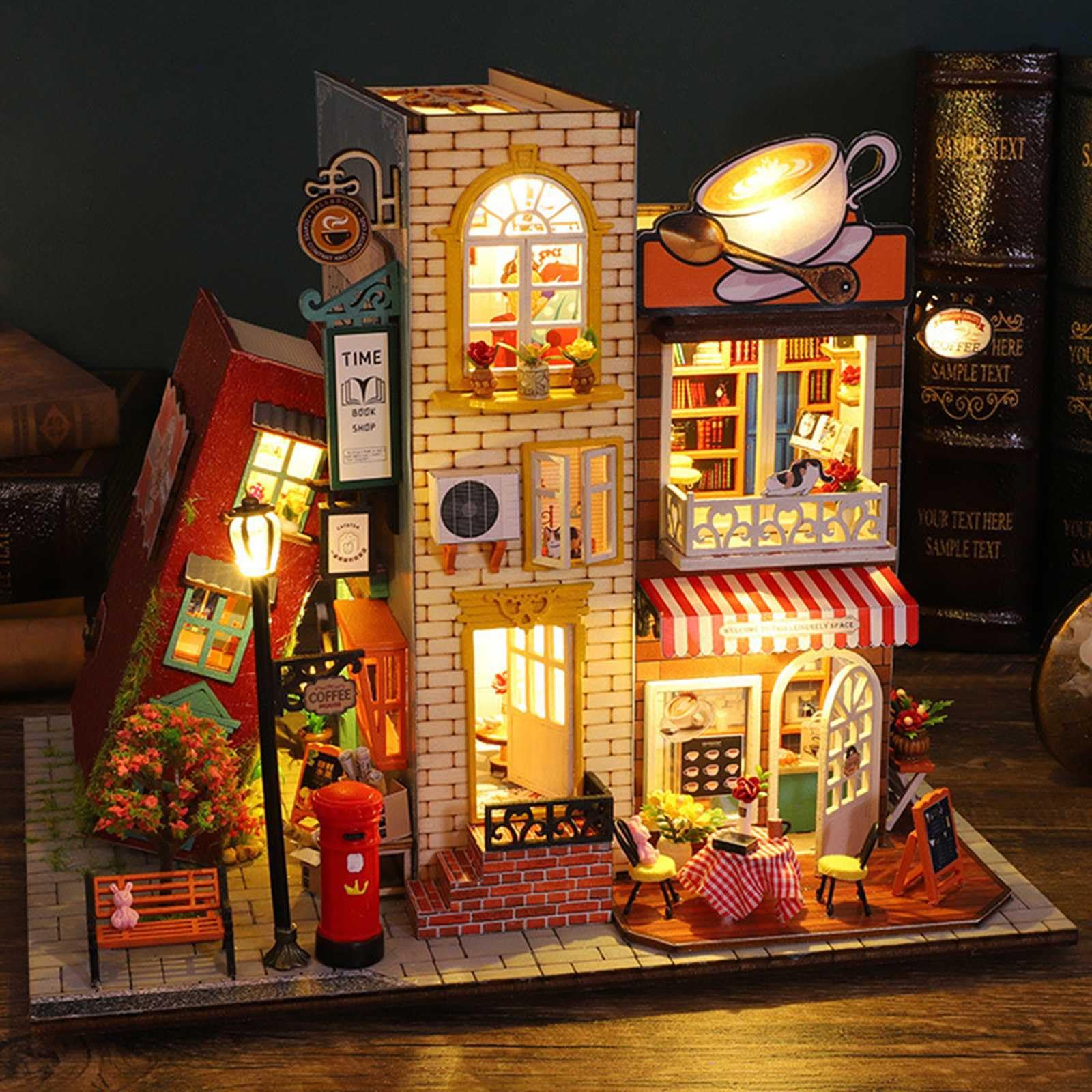 Model edukacyjny Miniaturowa biblioteka Zestaw do samodzielnego składania książek dla dorosłych, Drewniane puzzle 3D Bookend, Zestaw do budowania modeli domów z książkami Wstaw dekoracje ze światłem,