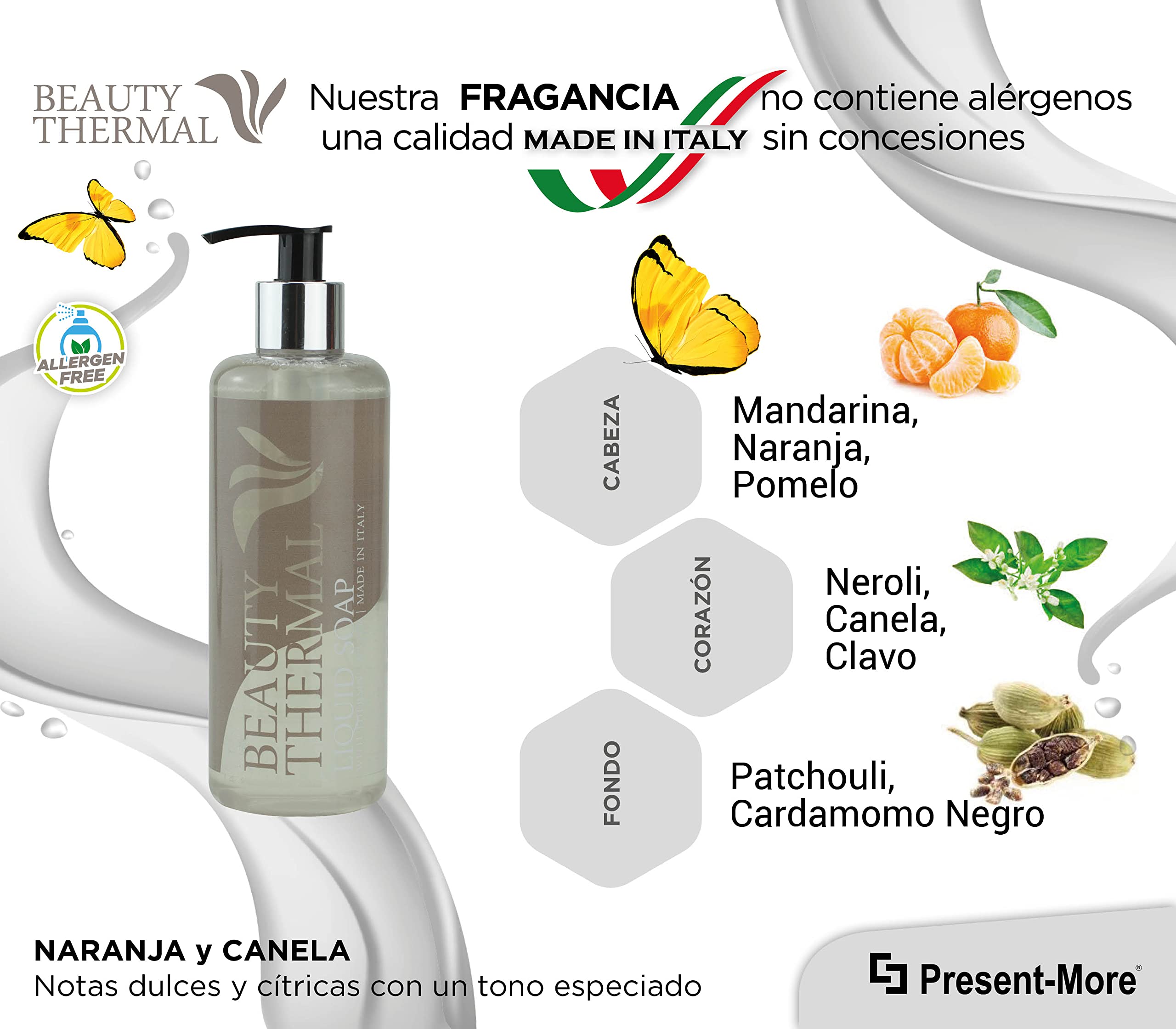 Present-More Jabon manos 300ml Beauty Thermal - Jabon líquido 15 unidades para Hoteles y B&B | Jabon líquido sin alérgenos con fragancia Arancia y Canela