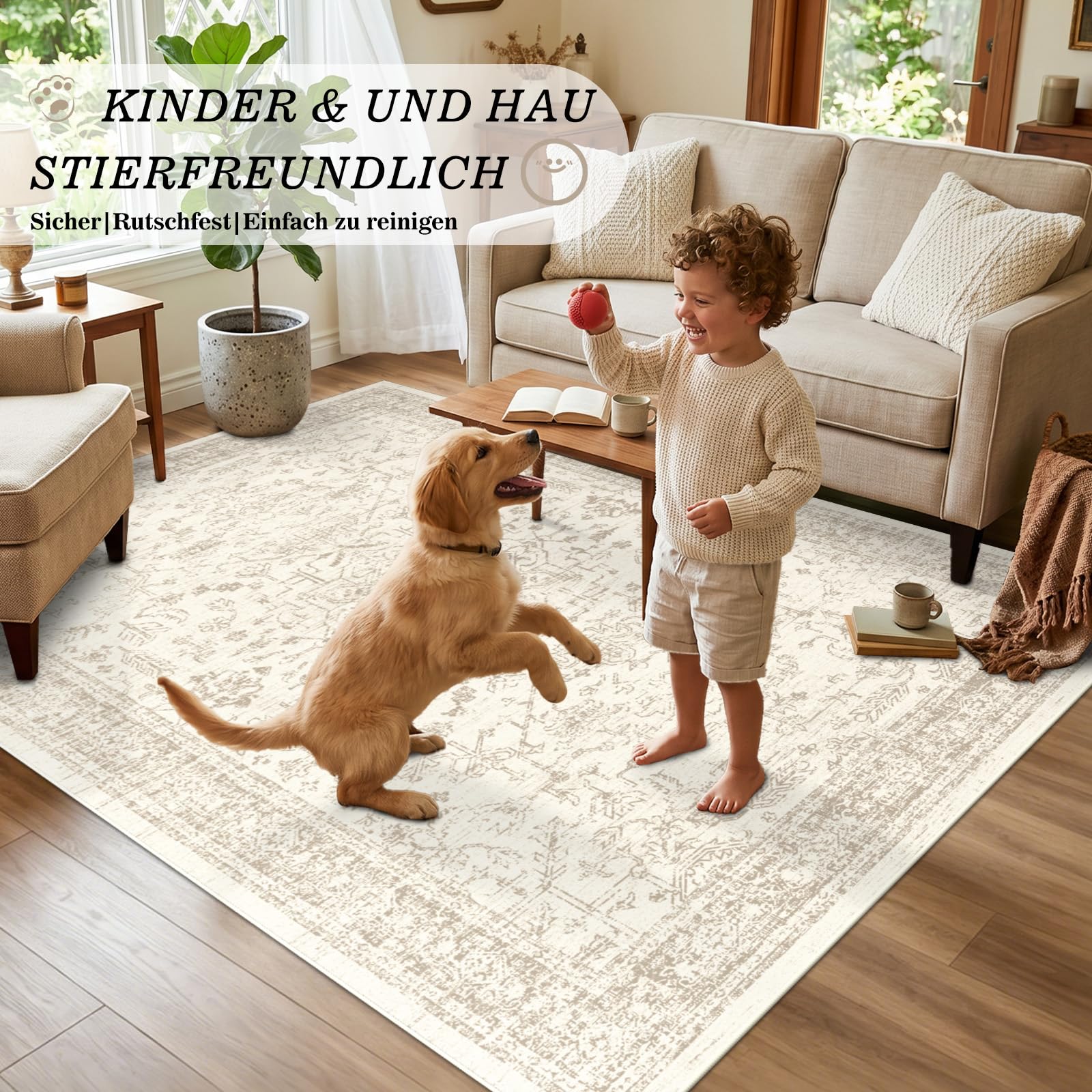 Tapis Vintage Beige 120x180cm Lavable antidérapant Poil Court pour Salon, Chambre, Bureau, Cuisine