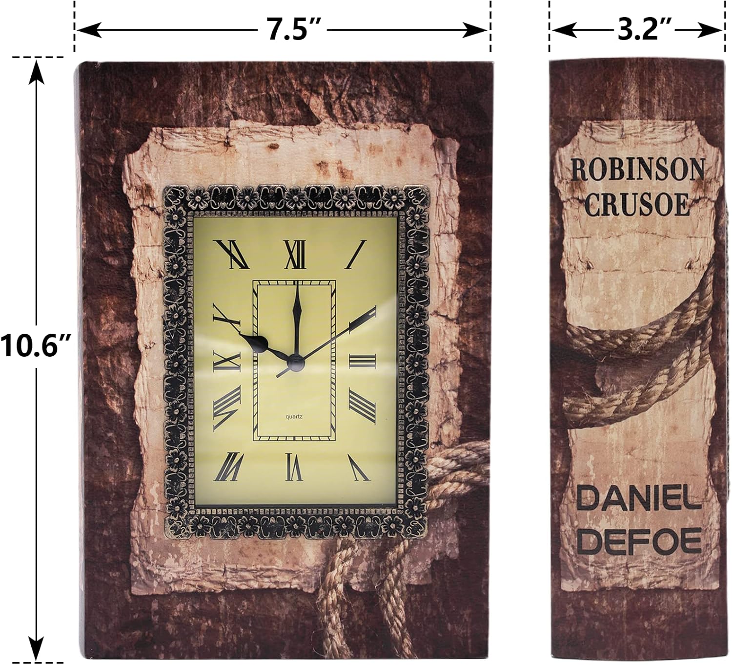 Leather Vintage Book with Clock,Wood Antique Faux Book safe,Hidden Secret Storage Jewelry Keepsake,Decorative Book (Square beige) - - 