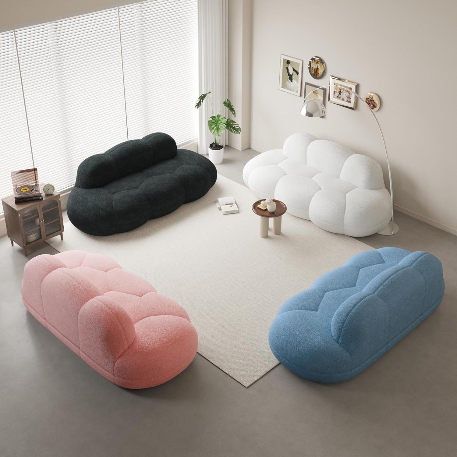Boneless Small Couch for Bedroom, 90" Modern Curved Boucle Couch, Comfy Upholstered Cloud LoveSeat Floor Sofa, Deep Seat Leisure Bubble Couches for Living Room, Small Space (Blue, No Installation)