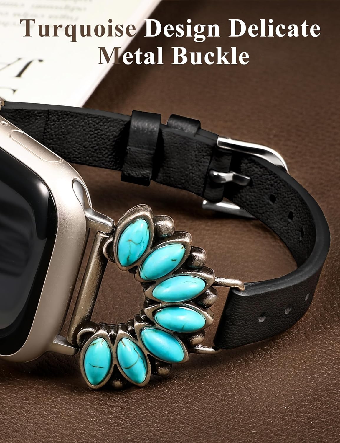Moolia Boho Turquoise Strap Compatible with Apple Watch Band 42/41/40/38/46/45/44/49mm, Women Western Vintage Leather Strap Inlay for iWatch Series 11 10 9 8 7 6 5 4 3 2 1 SE/Ultra（1/2/3） - Image 2