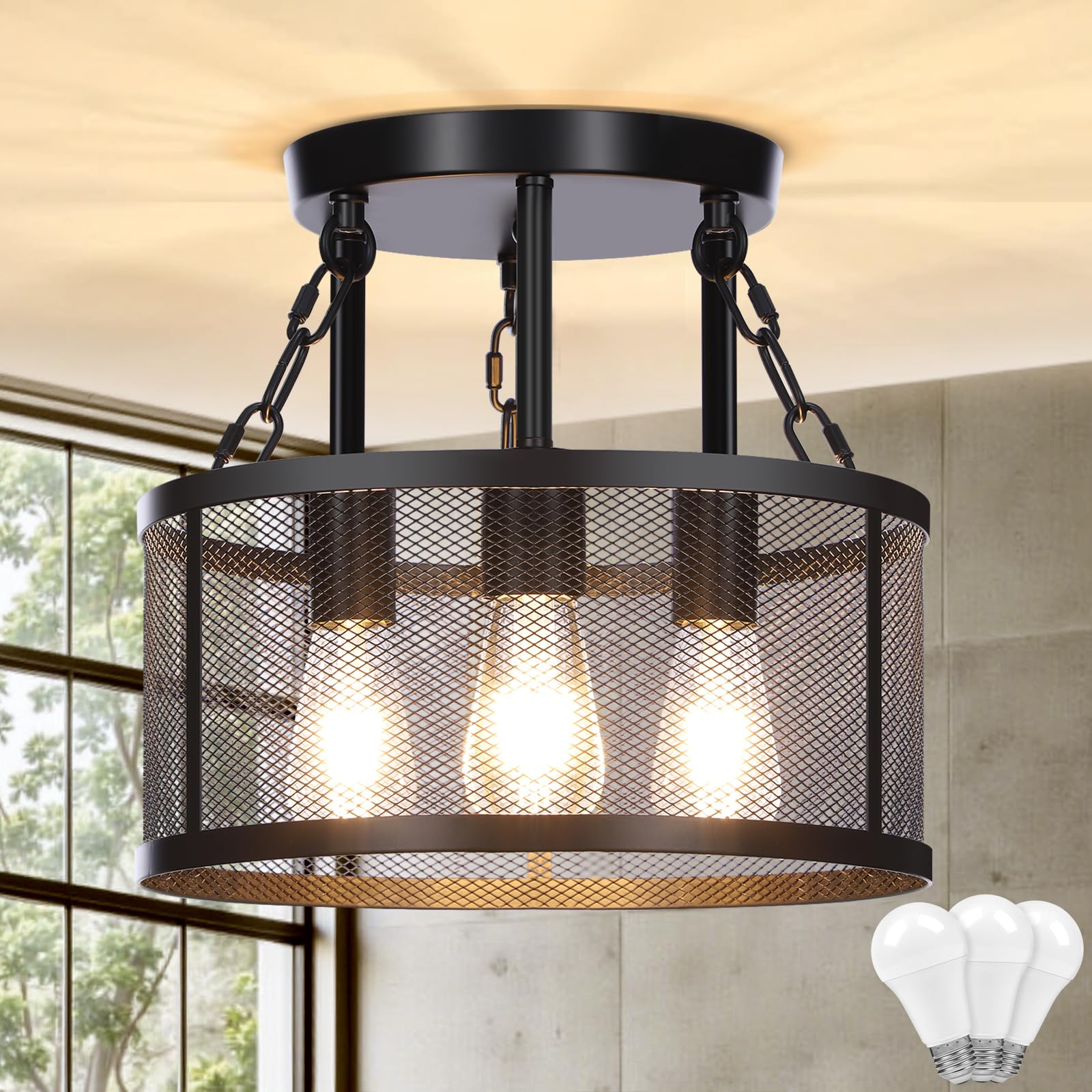 SERBASIC Black Ceiling Lights Modern Industrial Chandeliers with Led Bulb,Solid Open Cage Metal Frame and Mesh Design,with E27 Base for Living Room,Kitchen,Dining Room,Bedroom,Farmhouse Ø32cm