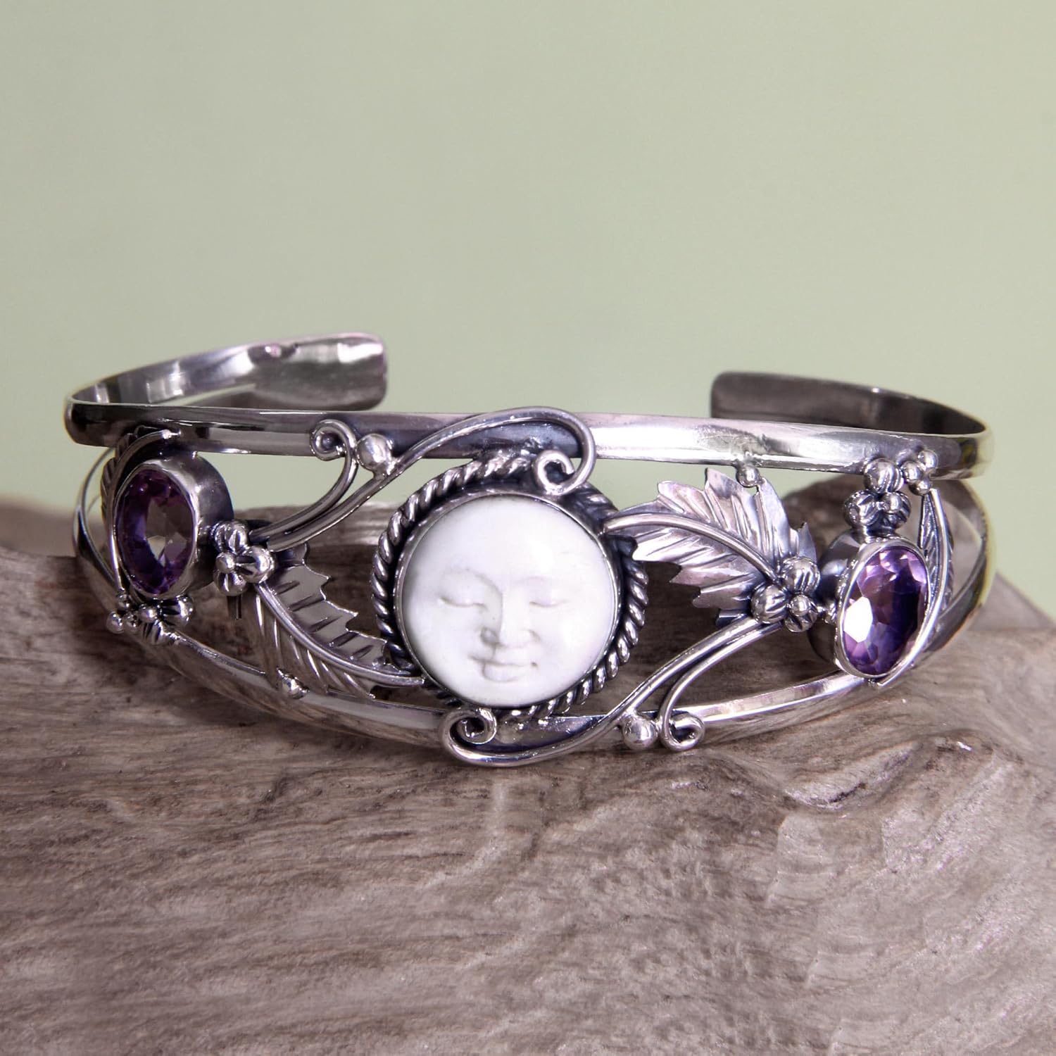 NOVICA Handmade Amethyst Cuff Bracelet Sterling .925 Sterling Silver Bone Purple Indonesia Leaf Tree Birthstone Moon 'Night Goddess'