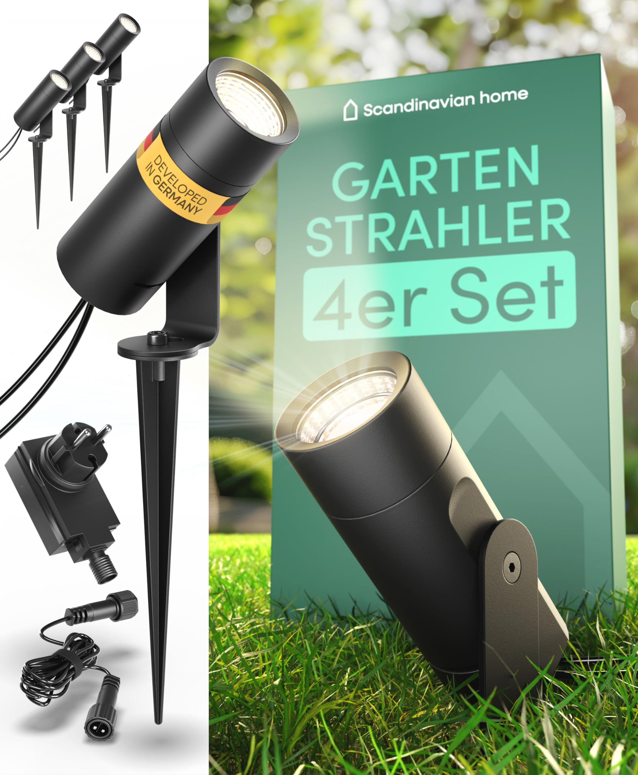 Scandinavian home LED Gartenstrahler 4er Set Schwarz mit Verlängerungskabel und Erdspieß, 12V Gartenbeleuchtung, Wegleuchten