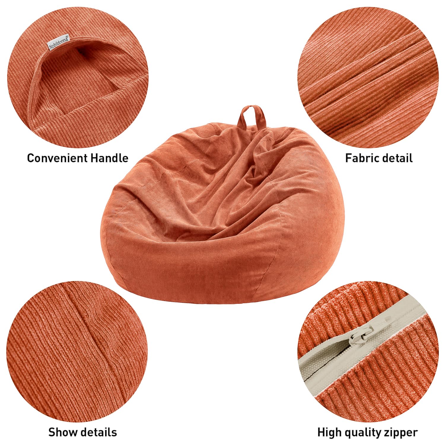 Nobildonna Bean Bag Chair Cover (No Filler) for Kids and Adults. Extra Large 300L Bean Bag Stuffed Animal Storage Washable Soft Premium Corduroy Stuffable Bean Bag Cover (Sandy Brown) - Image 3