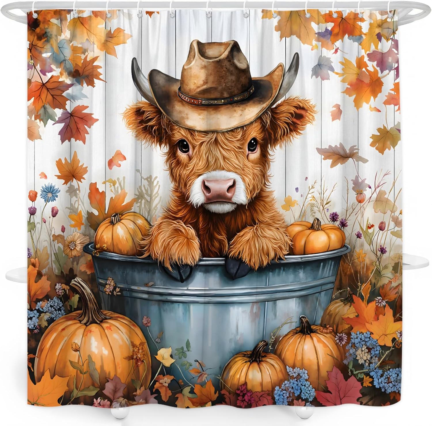 Funny Highland Cow Shower Curtain Autumn Pumpkin Maple Leaf Rustic Farmhouse Animal Watercolor Floral Fall Harvest Farm Western Cowboy Bathroom Decor Curtain with Hooks
