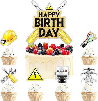 Electrician Cake Topper Set of 7 Pieces Electrical Tool Themed Happy Birthday, Electrician Lineman Birthday Party, Baby Shower Party, Kids Electrician Themed Party Decoration. LIANGSS