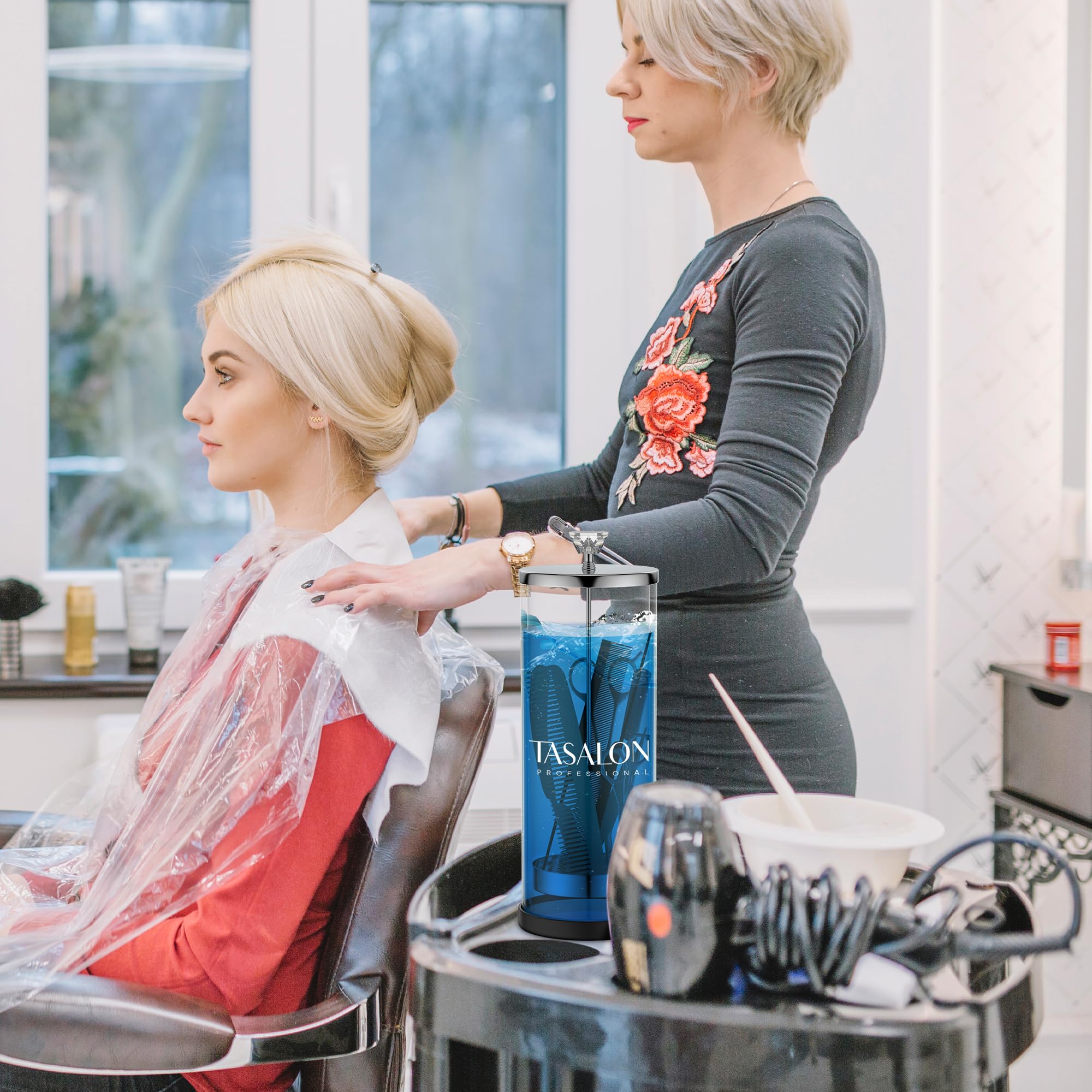 TASALON Bocal de barbier (1,3 l) avec poignée en cristal – Pot désinfectant pour salon, spa et magasin de manucure – Récipient de stérilisation en verre durable avec panier amovible en acier