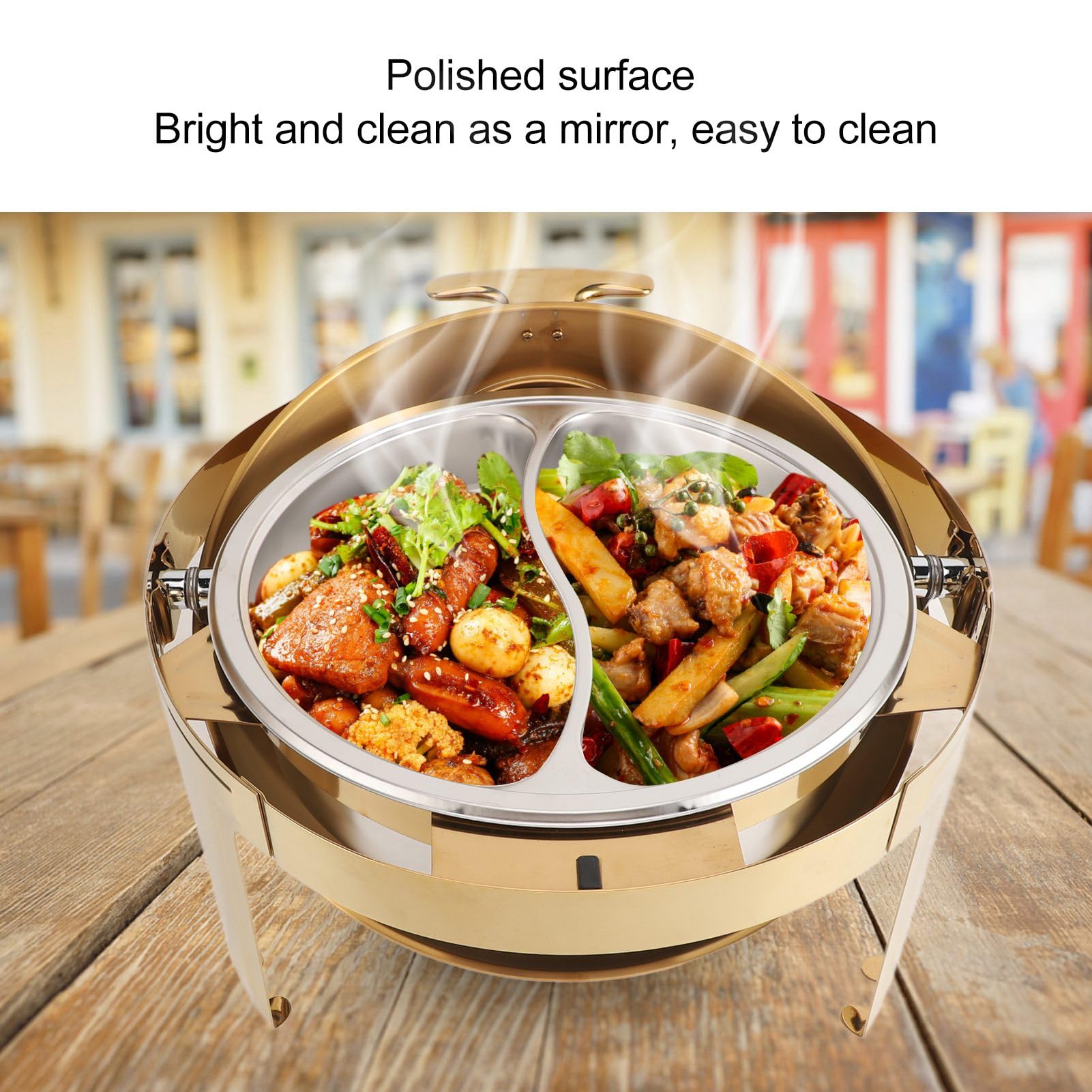 POENVFPO Calentador de Alimentos de Acero Inoxidable Dorado de 6L para Buffet, Plato de Frotamiento, para Catering, Eventos y Fiestas (Sartén de 2 compartimentos)