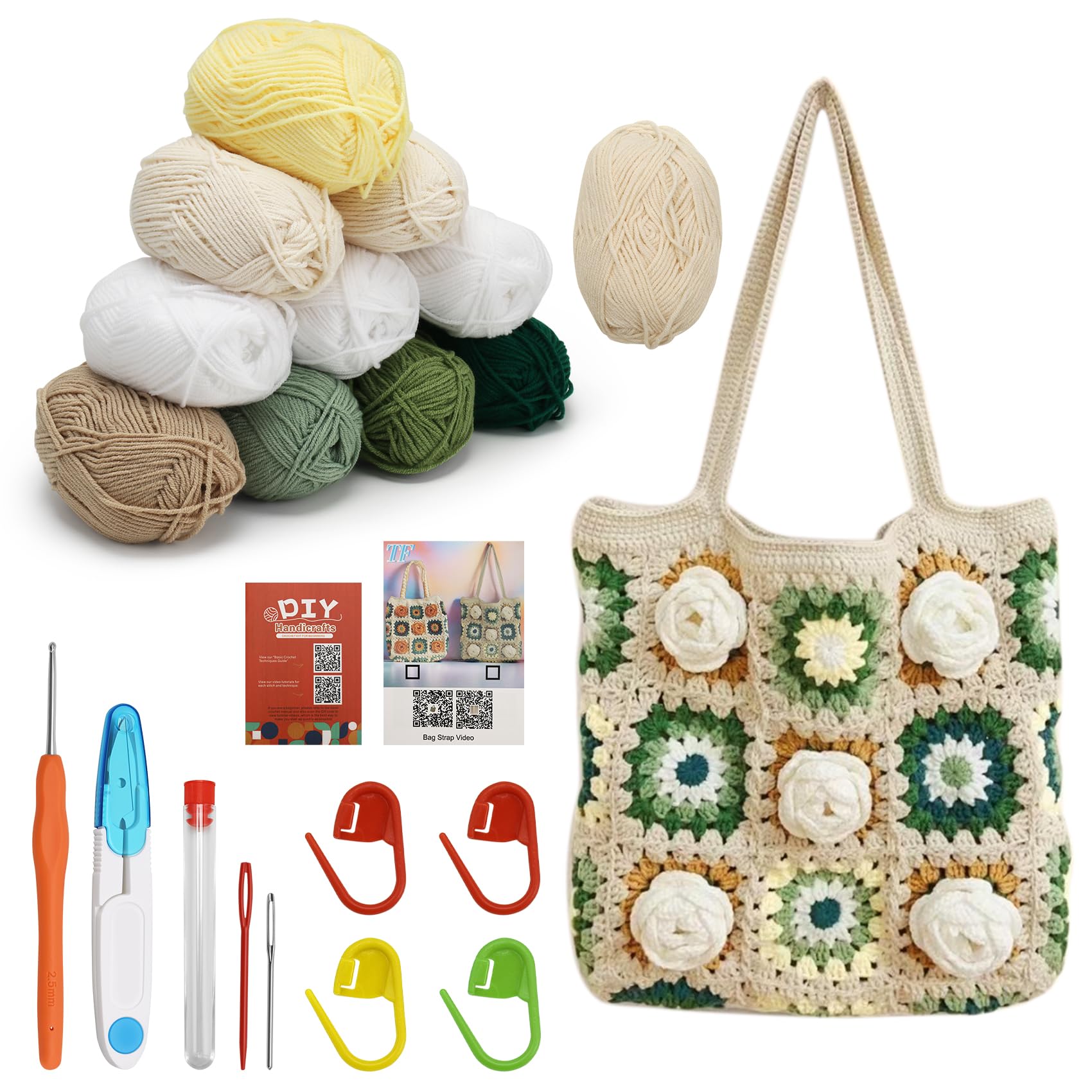 Micvtve Crochet kit for Beginners, Crochet Kit for Tote Bag Granny Square Crochet Tote Bag with Step-by-Step Video Tutorials Knitting Kit Beginner Crochet Kit for Adults (Camellia)