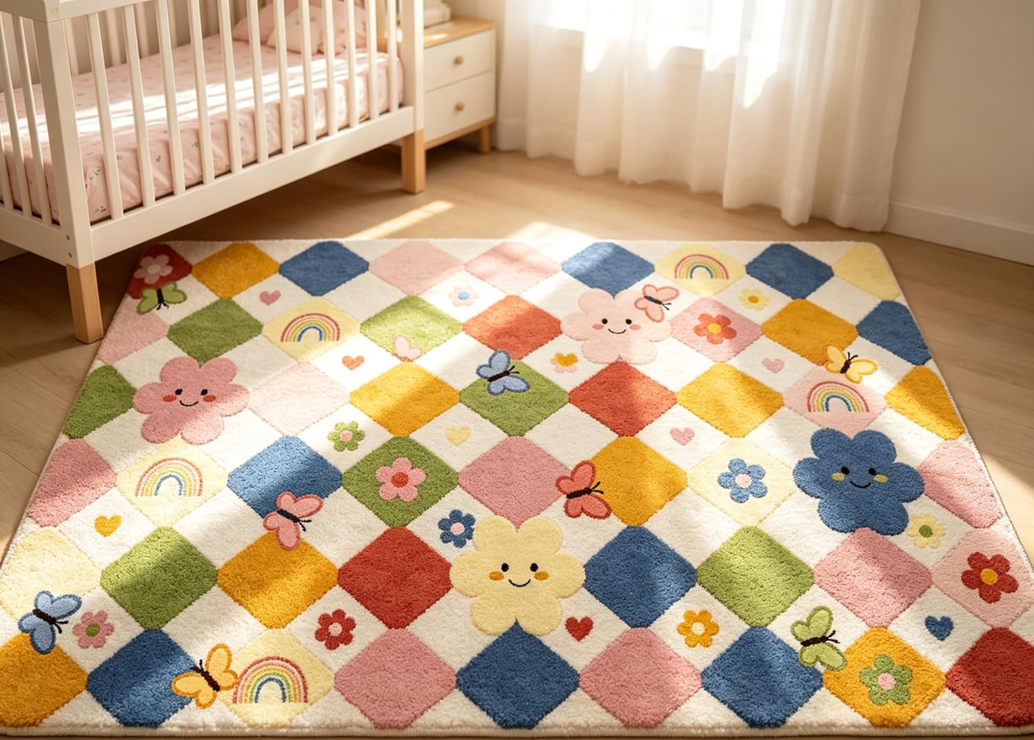 CCoutueChen Kids Washable Area Rug 5x7 Rainbow Butterfly Floral Modern Indoor Non-Slip Rug Elementary School Classroom Colorful Diamond Floor Carpet for Nursery Playroom Daycare Bedroom Living Room