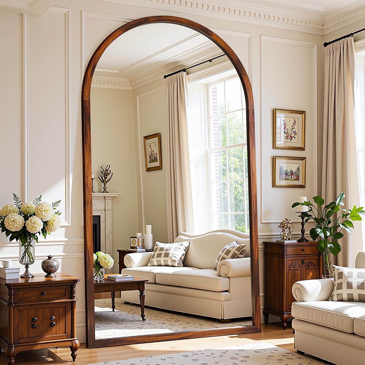 Full Length Mirror 82"×44" Floor Mirror Standing Tall Mirror, Arched Stand up Large Wall Mirrors, Freestanding Full Body Mirrors for Bedroom Living Room Wood Antique Style Walnut