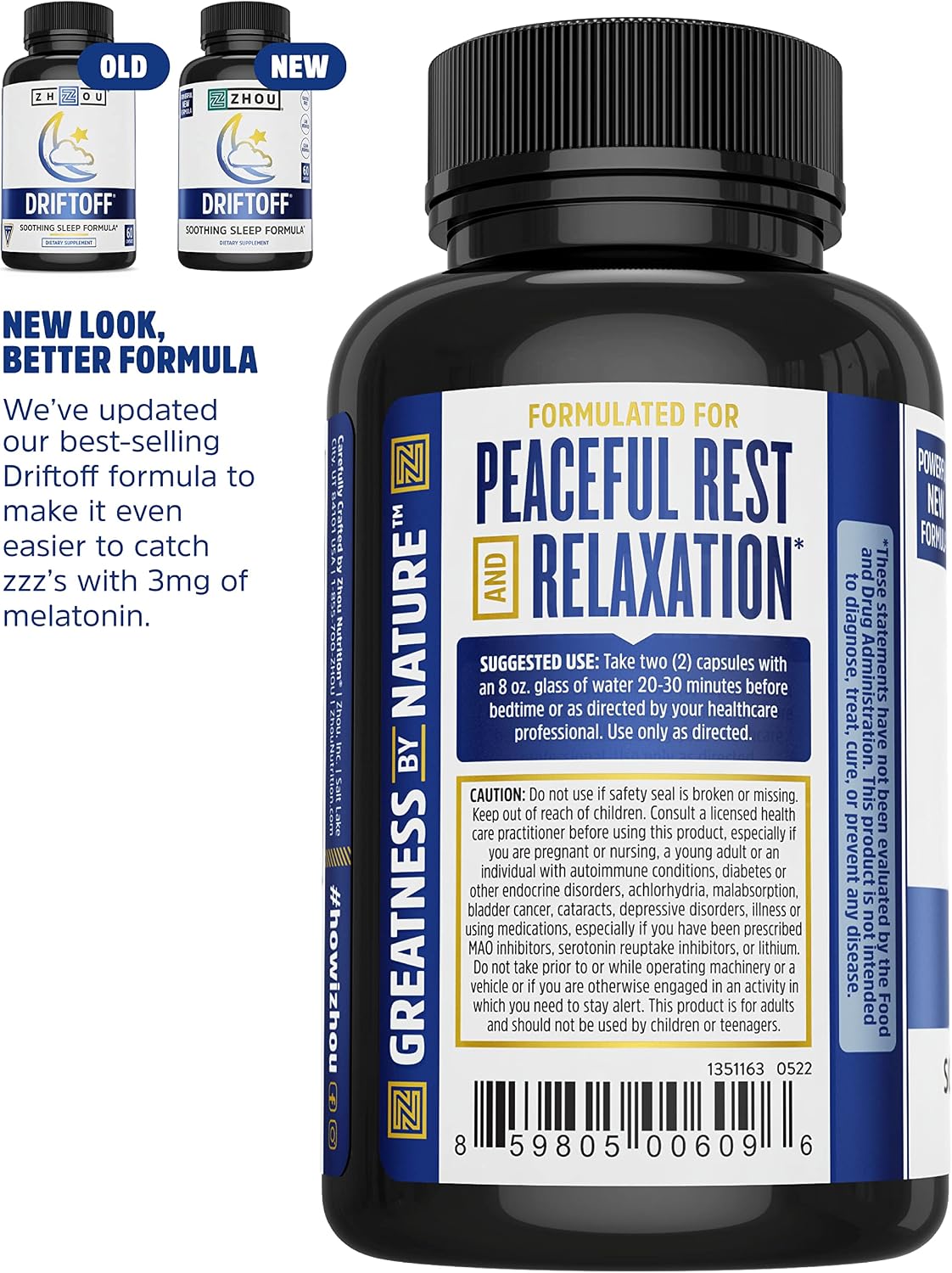 Zhou Drift Off Premium Sleep Aid with Valerian Root, Melatonin, GABA & Tryptophan | Sleep Well, Wake Refreshed | 30 Servings, 60 Veggie Caps
