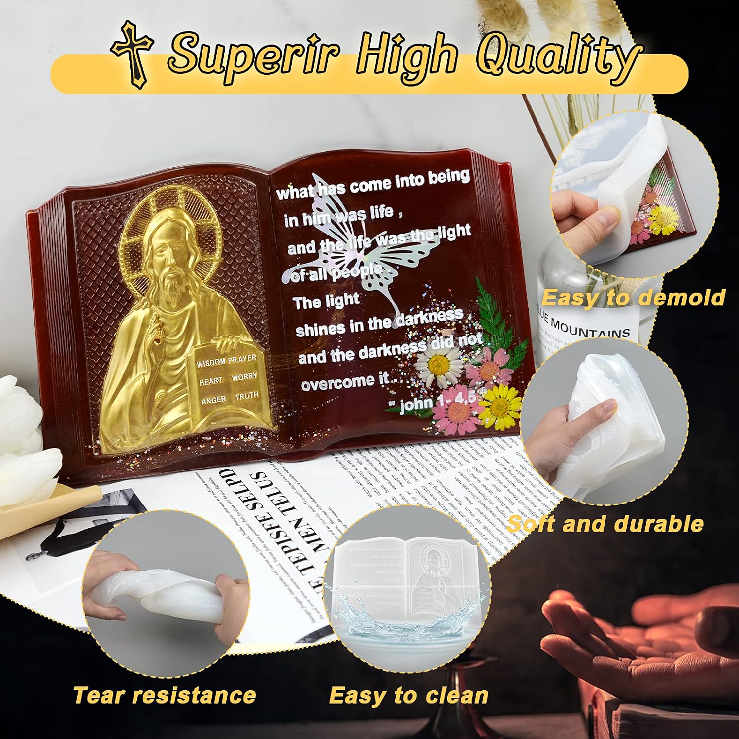 Epoxy Resin Mold for Bible, AmuseDIY Large 3D Jesus Silicone Molds, Bible Resin Moulds, Open Book Bible Molds for Resin Casting, Holy Bible Epoxy Molds Wall Hanging for DIY Crafts, Christmas Decor