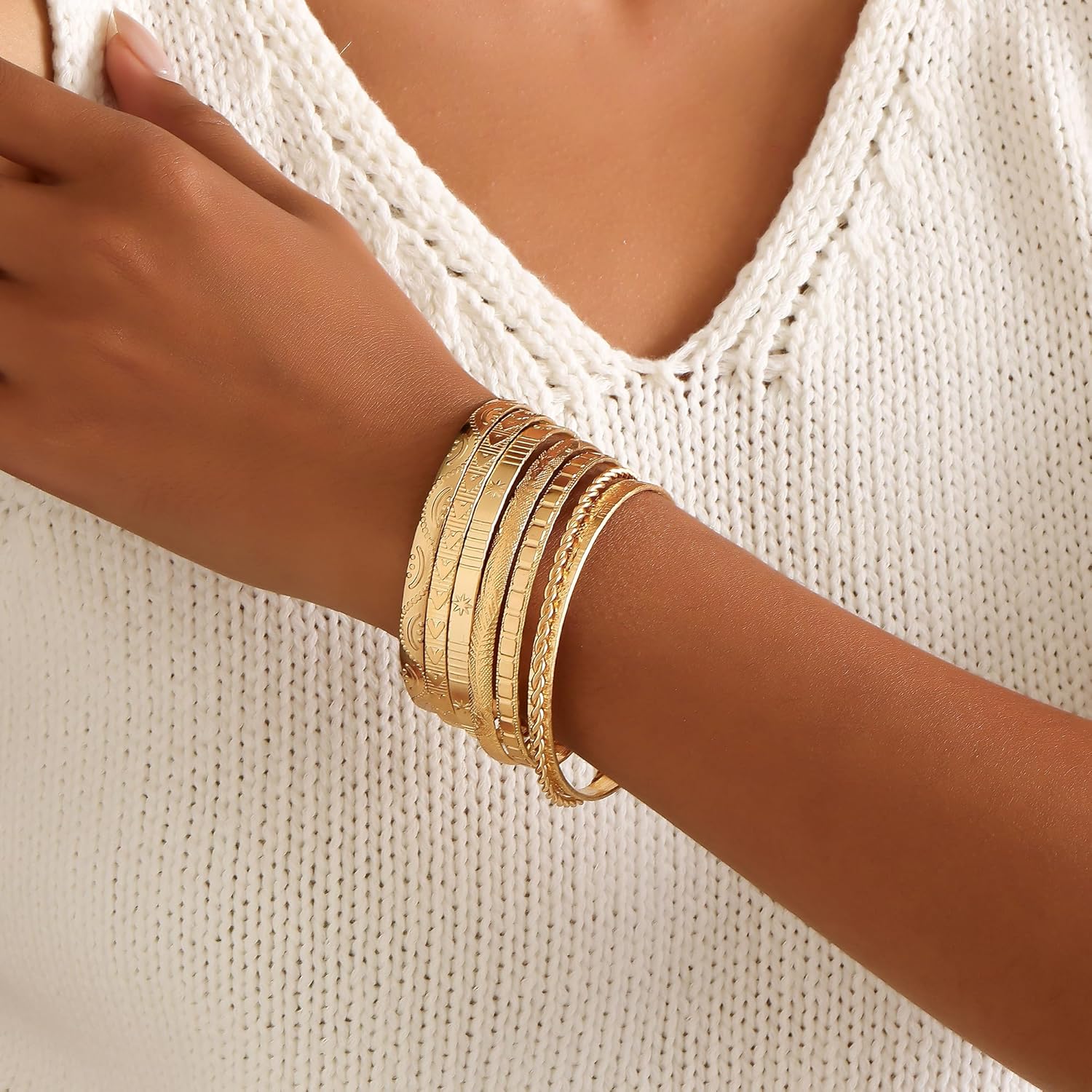 Gold Bangles for Women, 14k Gold Plated Adjustable Open Cuff Stackable Bracelets Set Boho Jewelry for Women - Image 3