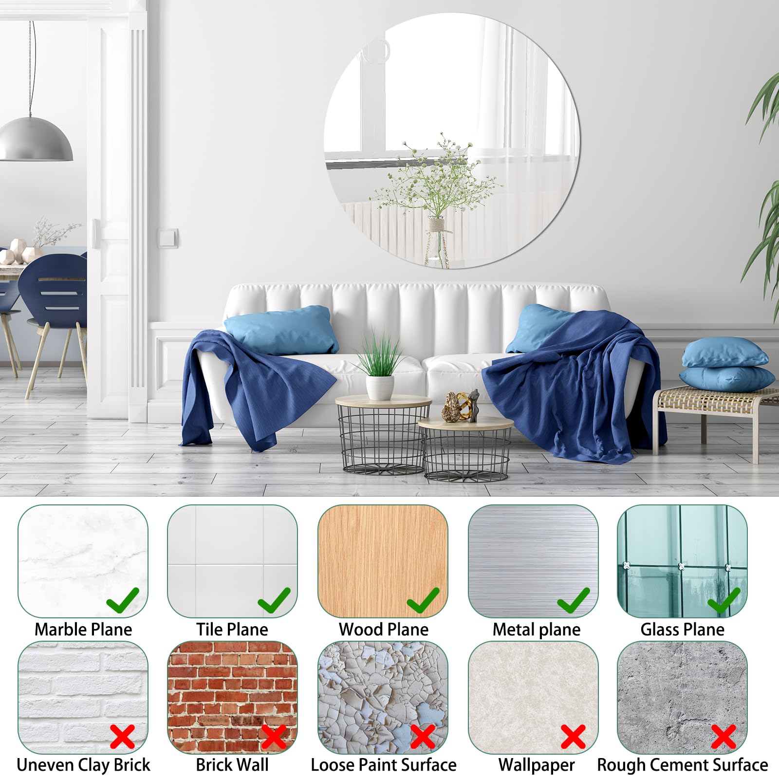 Miroir Verre 50 cm - Miroir Rond a Coller Rond 50cm - Adhesif Mural, Grand Mural - Autocollant sans Cadre pour Décoratif Toilettes Chambre, Entrée, Couloir