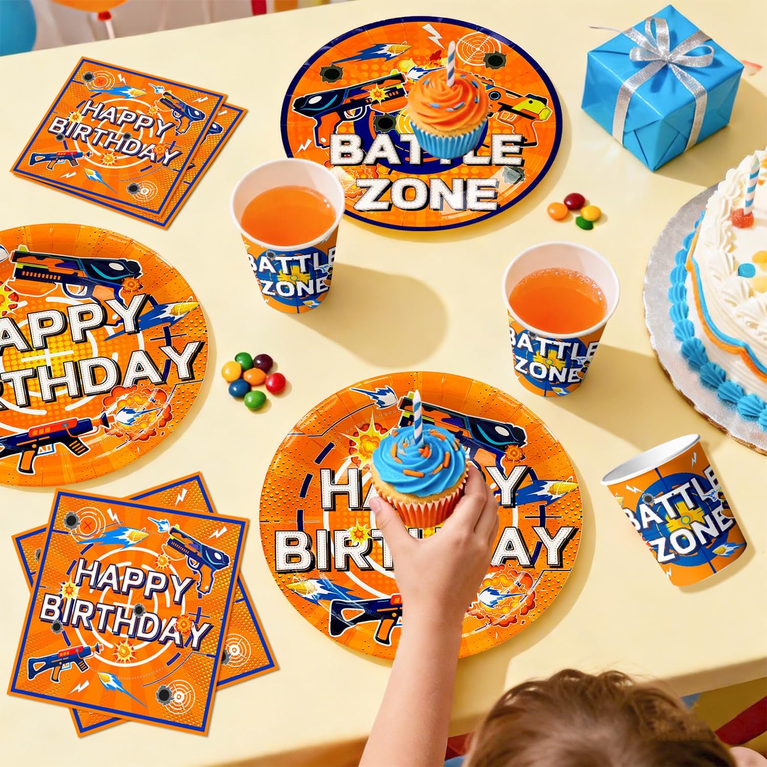 232pcs Dart War Party Decorations Supplies, 16 Guests Dart War Birthday Decorations Tableware Dart War Cupcake Toppers Banner Balloons Plates Tablecloth Hanging Swirls etc Dart Gun Party Decorations