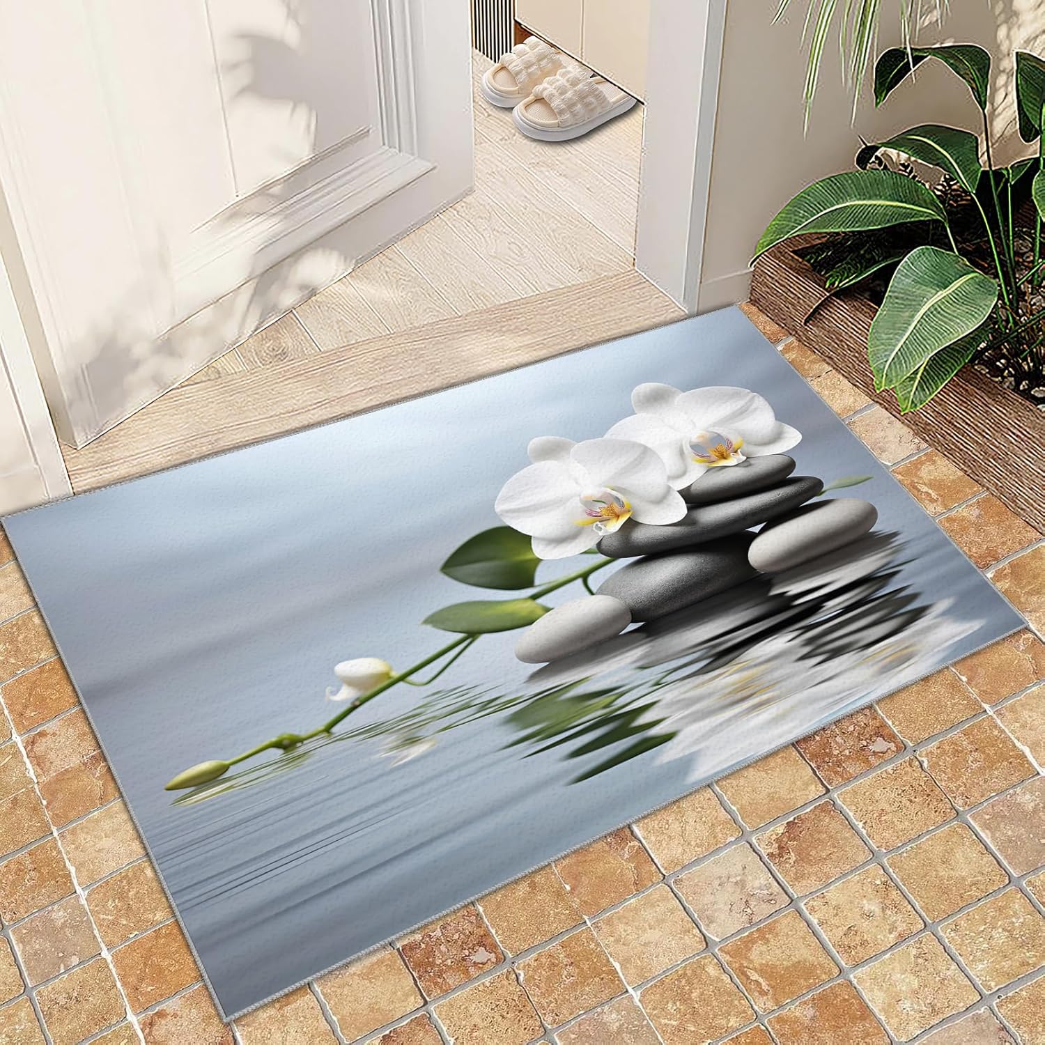 Spa Stone Carpet - Kitchen Rug 2x3 - Green Plants Rugs for Bedroom Secluded Scene Design - Soft & Non Slip & Washable Rugs for Living Room - Zen Decor